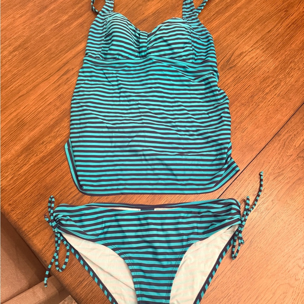 Motherhood Maternity Striped Tankini in Teal and Navy